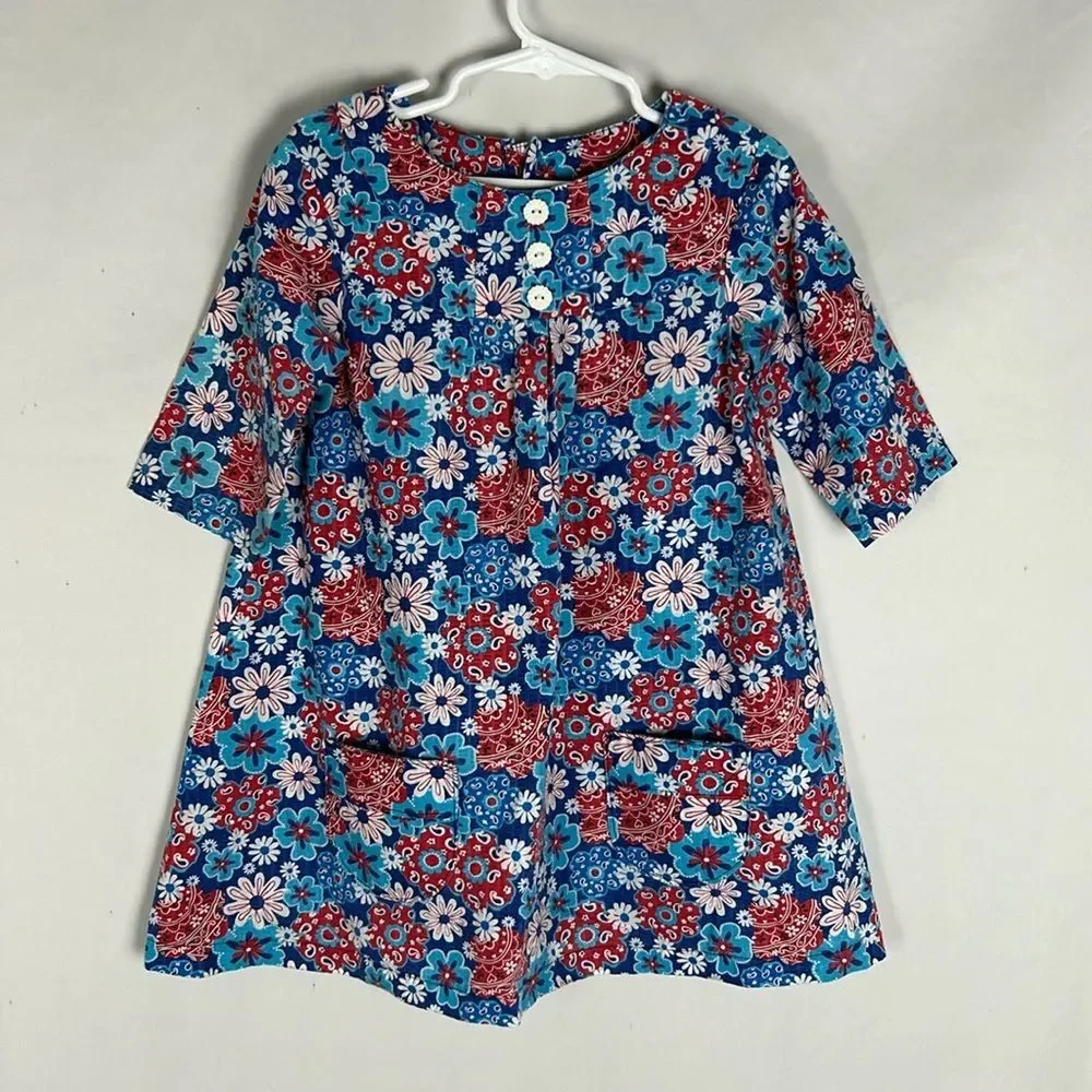 Handmade Red, White, Blue Floral Short Sleeve Retro 60s/70s Inspired Dress Sz 5